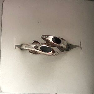 Dolphins Black onyx 925 Sterling Silver Ring S 5.5